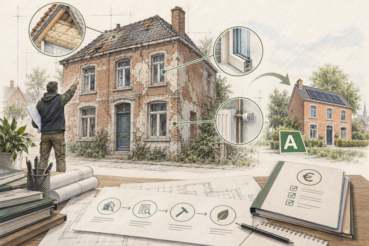 Auditeur devant une maison dégradée, priorités de rénovation et objectif illustratif de label A avec dossier de financement.